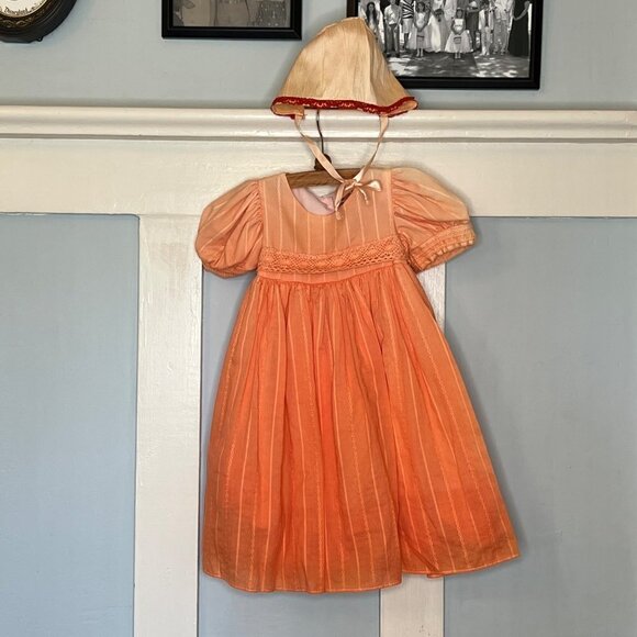 Custom Dyed Orange Ombre Dress with Lace Trim, Wide Sash & Bonnet - Picture 4 of 6